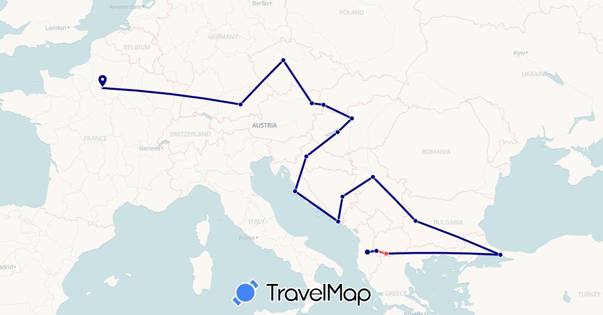 TravelMap itinerary: driving, hiking in Albania, Austria, Bosnia and Herzegovina, Bulgaria, Czech Republic, Germany, France, Croatia, Hungary, Serbia, Slovakia (Europe)
